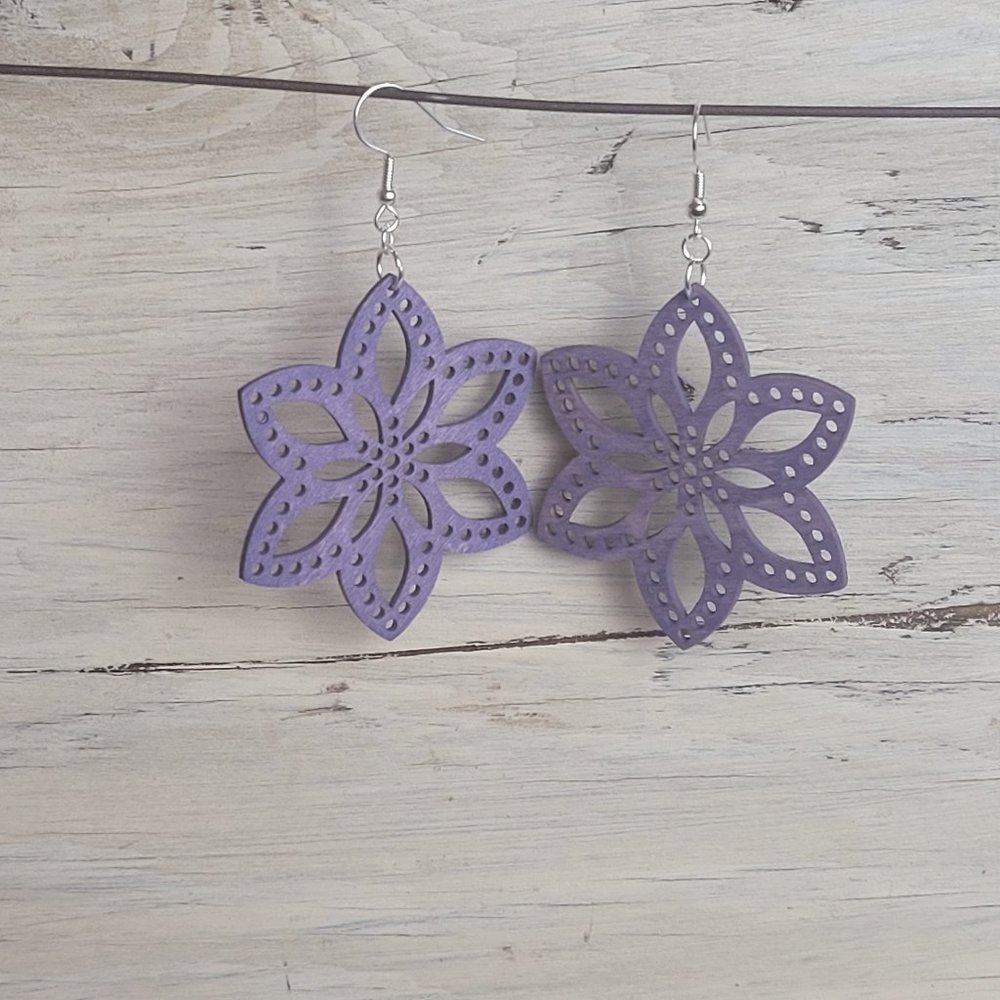 Wood Earrings - Purple Floral Star